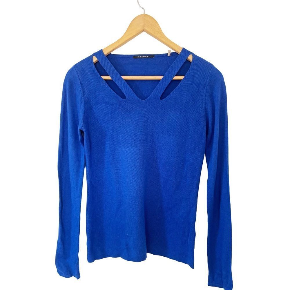 T. Tahari Royal Blue Cut Out V-Neck‎ Lightweight Sweater